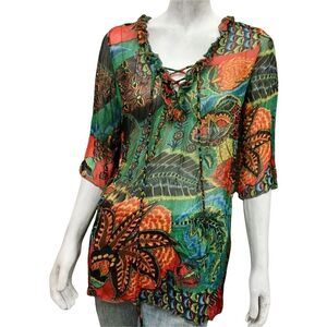 Lucy & Co. Womens Top Green Orange Jungle Print Lace Up Half Sleeve Sheer S